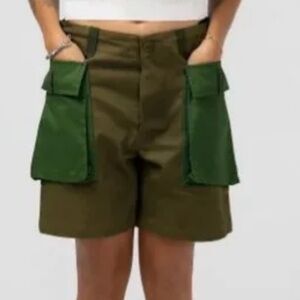 Wasted Collective Traveler Button-Fly Organic Cotton Black Blue Cargo Shorts XL
